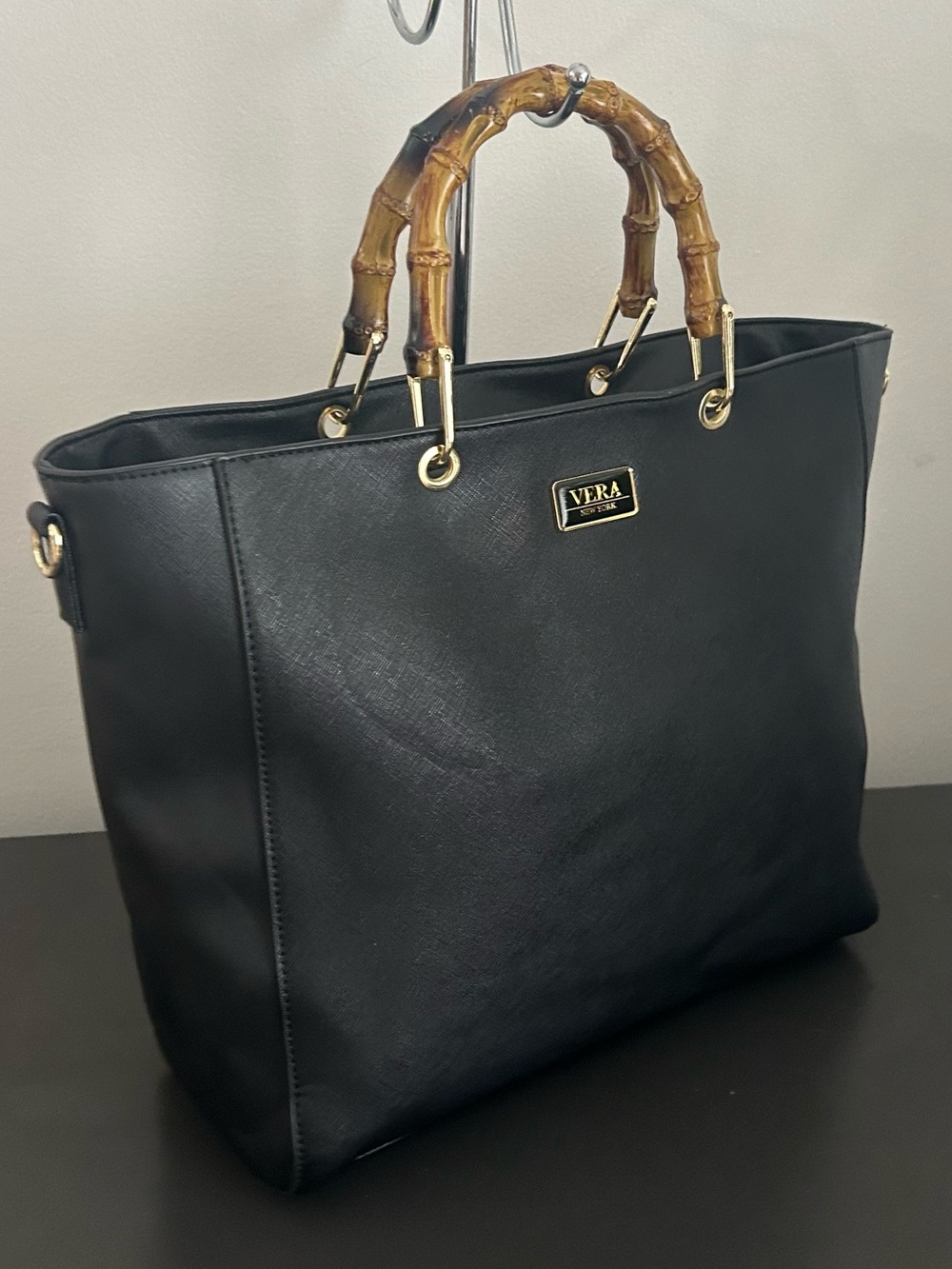 Vera New York Black Bamboo Handle Tote Crossbody Bag Gold Hardware Work Purse - Picture 7 of 14